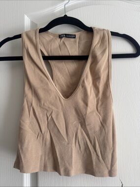 Zara Ribbed V-Neck Tank Top - Beige